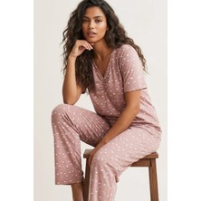 Siyah İnci Pudra Çiçek Desenli Viskon Örme Pijama TAKIM26119100