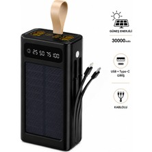 Deanb 30000MAH Güneş Enerjili Powerbank LCD Ekran USB Type-C Lightning Dahili Kablolu Taşınabilir Şarj