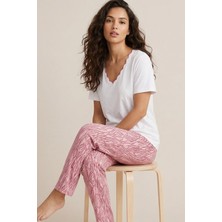 Siyah İnci Ekru Pembe Desenli Viskon Örme Pijama TAKIM26119135