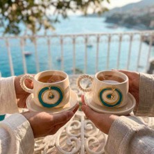El Yapımı Seramik 2'li Çay & Kahve Fincanı Seti | Nazar Boncuğu Temalı | Yaldızlı | Harf Charm Hediyeli | Kişiye Özel Yazılı | 4 Parça