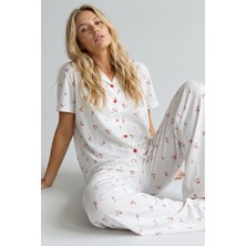 Siyah İnci Çiçekli Kalp Desenli Ince Soft Örme Mevsimlik Düğmeli Pijama Takımı 8002