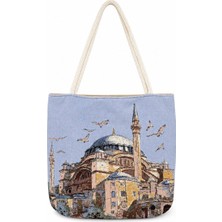 Köşedeki Dükkan Kadın Cami Desenli Dokuma Omuz Çantası Günlük Tote Çanta - Turkuaz Cami Manzarası