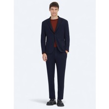 Lacivert Çizgili Modern Fit Örme Takım Elbise