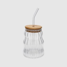 Hsc Bilişim 500ML Bambu Kapaklı Cam Bardak, Cam Pipetli Silikon Kapak Contalı Desenli Sıcak Soğuk Içecekler Kah