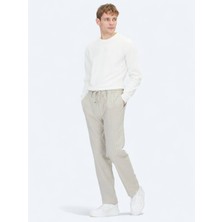 Bej Çizgili Dokuma Jogging Fit Casual Keten Karışımlı Pantolon