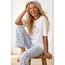 Siyah İnci Mavi Ekose Kareli Üst Ekru Kiraz Nakışlı Ince Soft Örme Pijama Takımı 8041