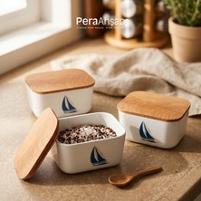 Pera Wooden Marine 3'lü Kayın Kapaklı Saklama Kabı Yelken Desenli 400 ml