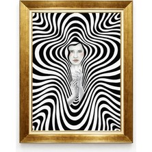 Giyense Tablore Modern Op Art Siyah Beyaz Illüzyon Kadın Portresi Gold Çerçeveli Kanvas Tablo