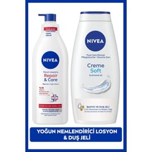 Nivea Creme Soft Duş Jeli 500ml ve Repair Care Nemlendirici Vücut Losyonu 400ml, Kaşıntılı ve Hassas Cilt