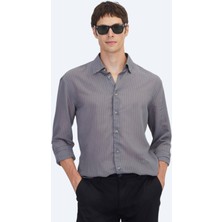 Kip Antrasit Çizgili Oversize Fit Uzun Dokuma Casual Gömlek