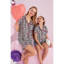 Siyah İnci Hello Kitty Lisanslı %100 Pamuk Gri Çok Renkli Düğmeli Biyeli Şort Pijama Takım