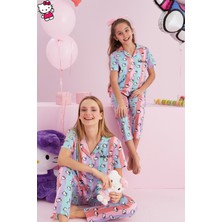Siyah İnci Hello Kitty Lisanslı %100 Pamuk Çok Renkli Düğmeli Pijama Takım