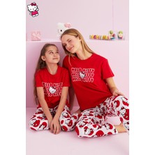 Siyah İnci Hello Kitty Lisanslı %100 Pamuk Kırmızı Çok Renkli Bisklet Yaka Pijama Takım