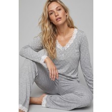 Siyah İnci Gri Beyaz Puan Desenli Düğmeli Dantelli Örme Pijama Takımı 8030