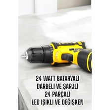 Kap Kaç Çift Bataryalı Metal Dişli Darbeli Şarjlı Matkap Seti 24W Güç ve 24 Parça Aksesuar