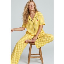 Siyah İnci Sarı Ekose Kareli Nakışlı Düğmeli Biyeli Ince Soft Örme Pijama Takımı 8001