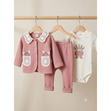 Mini Pakel Dantel yakalı kız bebek takım 0-3 ay 3-6 ay 6-9 ay 9-12 ay waffle cepli çiçek nakışlı yenidoğan kız bebek takım ceket + zıbın + pijama