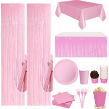 Zenviva Pembe Masa Örtüsü, Pembe Masa Eteği, 2 Pembe Fon, 8 Pembe Tabak, 8 Pembe Bardak, 8 Pembe Mısır Kutusu, 10 Pembe Çatal, 10 Pembe Peçete, 10 Cupcake