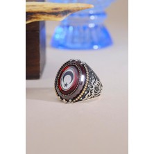 Innuendo Jewelry 925 Ayar Gümüş Oval Kasa Kırmızı Taşlı Ay Yıldız Erkek Yüzük
