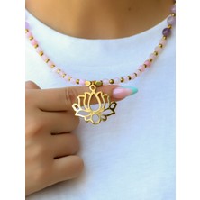 Esha Store Doğal Taş Pembe Kuvars Ametist Hematit Doğal Taşlı Lotus Çiçeği Kadın Kolye EUK55PKA Ruhsal Arınma, Sevgi ve Enerji Kalkanı