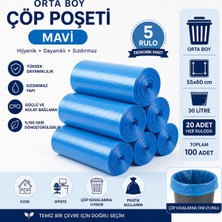 Orta Boy Mavi Çöp Poşeti 55X60 cm 30 Litre 5 Rulo x 20 Adet (Toplam 100 Adet) Dayanıklı Sızdırmaz Çöp Torbası