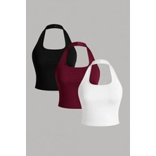 Öz Pamuk Kadın Çapraz Kolsuz 3 LÜ Adet Fitilli Crop Basıc Atlet Bluz