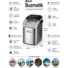 Aura Buzmatik Taşınabilir Buz Makinesi 12 kg Kapasiteli 90 W Hızlı Buz Üretimi Özellikli Inox