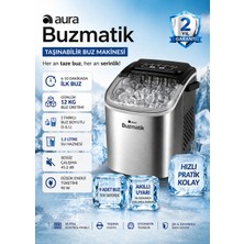 Aura Buzmatik Taşınabilir Buz Makinesi 12 kg Kapasiteli 90 W Hızlı Buz Üretimi Özellikli Inox