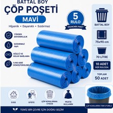 Battal Boy Mavi Çöp Poşeti 75X90 cm 70 Litre 5 Rulo x 10 Adet (Toplam 50 Adet) Dayanıklı Sızdırmaz Çöp Torbası