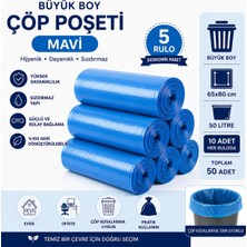 Büyük Boy Mavi Çöp Poşeti 65X80 cm 50 Litre 5 Rulo x 10 Adet (Toplam 50 Adet) Dayanıklı Sızdırmaz Çöp Torbası