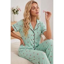 Siyah İnci Yeşil Lale Desenli Bürümcük-Krınkıl Kısa Kollu Düğmeli Biyeli Pijama Takım 7930