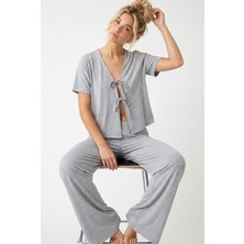 Siyah İnci Gri Bağlamalı Örme Pijama TAKIM7889