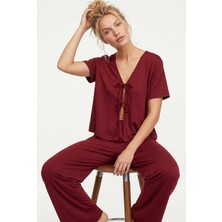 Siyah İnci Bordo Bağlamalı Örme Pijama TAKIM7889