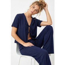 Siyah İnci Lacivert Bağlamalı Örme Pijama TAKIM7889