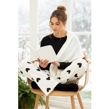 Siyah İnci Beyaz Siyah Kalp Desenli Pamuklu Örme Pijama TAKIM7948