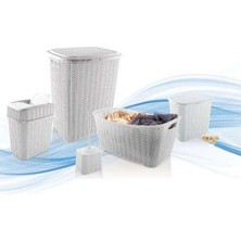 TeknoKapsül 5 Parça Örgü Desenli Plastik Banyo Seti Çamaşır Sepeti Deterjanlık Kovası Klozet Fırçası - Gri