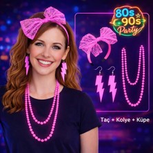 Starseven 80’ler 90’lar Neon Pembe Parti Seti – Kolye Küpe Taç