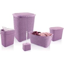 TeknoKapsül 5 Parça Örgü Desenli Plastik Banyo Seti Çamaşır Sepeti Deterjanlık Kovası Klozet Fırçası - Mor