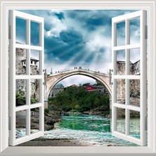 Starseven Pencere Poster Duvar Kağıdı Mostar Köprüsü Yapışkanlı Sticker