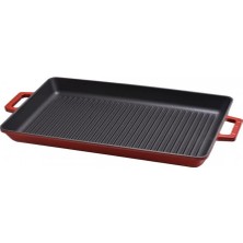 Starseven Lava Döküm Dikdörtgen Izgara Tavası Döküm Demir Yekpare Çift Kulplu Ölçü 26X45CM. - Kırmızı