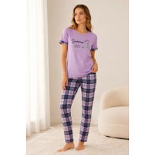 Efnaz Style Pamuklu Penye Summer Baskılı Kısa Kollu Pijama Takımı Bisiklet Yaka Ekose Desenli - Lila