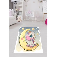 Starseven Pelangi Unicorn Ay Yıldız Desenli Dijital Baskı Yıkanabilir Kaymaz Taban Çocuk Odası Halısı, Sarı-G