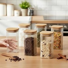 SHC4200 Deconox 6'lı Set 425 ml Bambu Kapaklı Kare Cam Kavanoz - 6X12 cm Vakumlu Uzun Boy Şeffaf Erzak