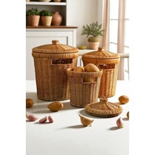 Kai Home 3’lü Rattan Patates Soğan Sarımsak Sepeti Seti – Kapaklı Dekoratif Sebzelik & Düzenleyici