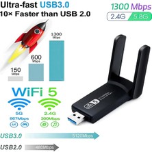 Uravas Store USB 3.0 Bağlantılı Çift Antenli Kablosuz Ac Wi-Fi Adaptörü ile Hızlı Ağ Bağlantısı