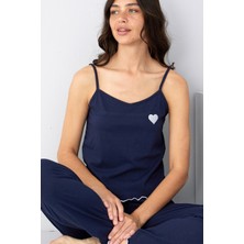 Siyah İnci Lacivert Kalp Nakışlı Ip Askılı Örme Pijama TAKIM7883