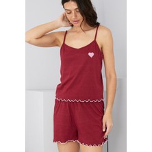Siyah İnci Bordo Kalp Nakışlı Ip Askılı Örme Şort TAKIM7881