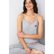 Siyah İnci Gri Kalp Nakışlı Ip Askılı Örme Pijama TAKIM7883