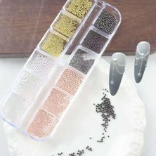 Starseven 4 Renk 12LI Tırnak Süsleme Parlak Metal Havyar Taşları 3 Boy Nail Boncukları WN-526
