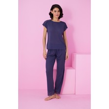 Siyah İnci Lacivert Soft Touch Ince Mevsimlik Dantel Detaylı Örme Pijama TAKIM7864